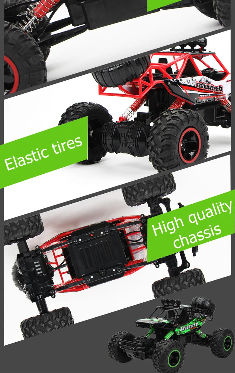 A red and black 4WD off-road monster truck with large tires and a high quality chassis.