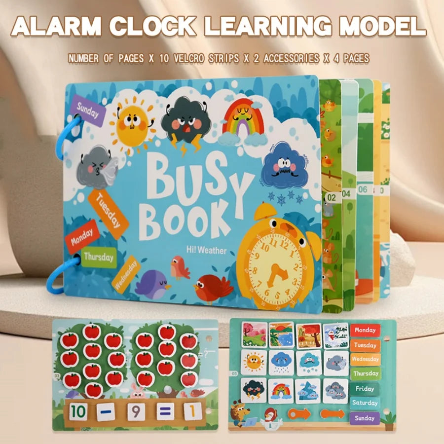 A colorful learning model featuring a busy book with velcro strips and accessories, including pages and stickers.