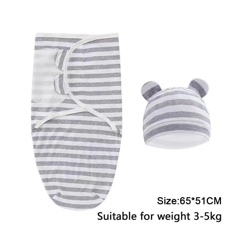 A striped cotton newborn swaddle blanket and hat set for a baby weighing 3-5kg