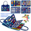 A set of colorful toddler busy board activities including number matching animal matching and shape sorting cards.