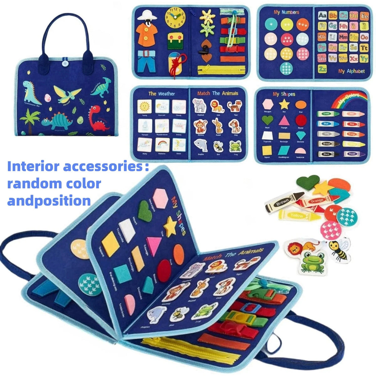 A set of colorful toddler busy board activities including number matching animal matching and shape sorting cards.