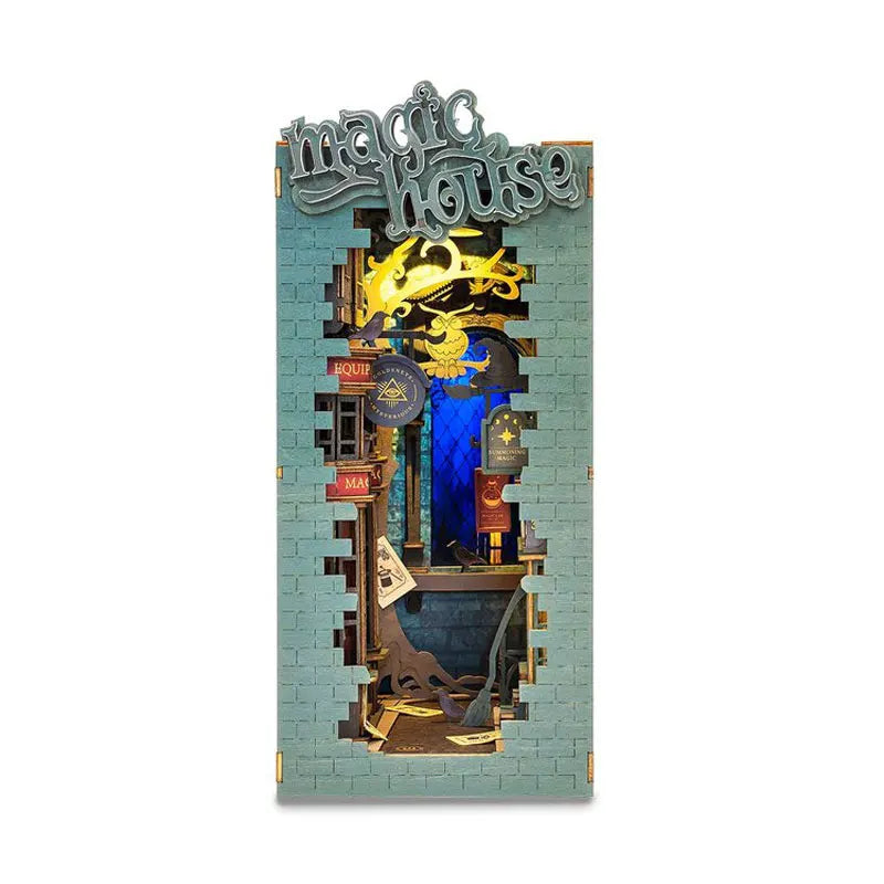 A detailed miniature dollhouse kit featuring a brick facade and an open window display with internal lighting.