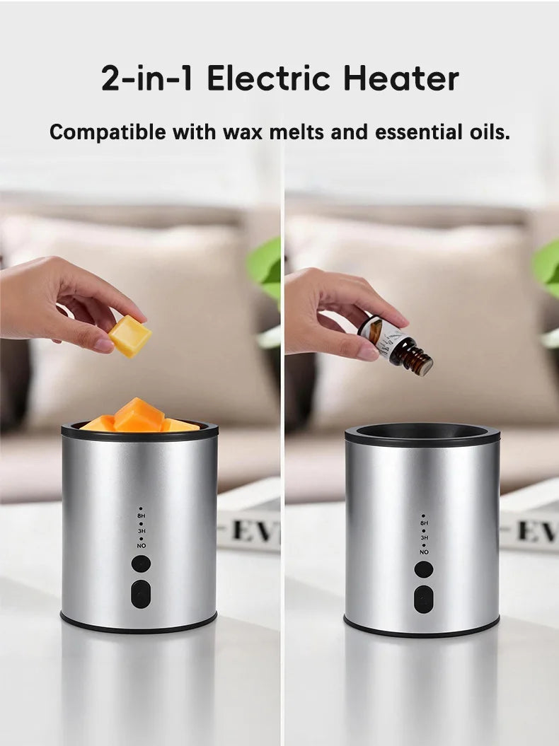 A close-up of a silver electric heater designed for wax melts and essential oils, shown next to wax and oil containers.