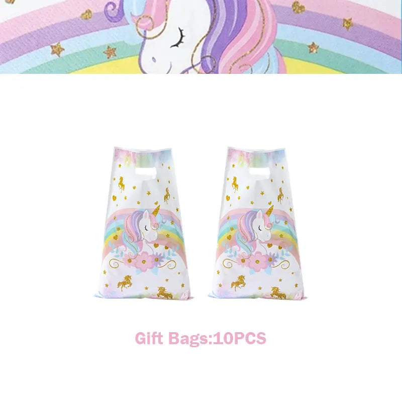 Ten unicorn-themed gift bags featuring a unicorn design and rainbow colors for girls' birthday celebrations
