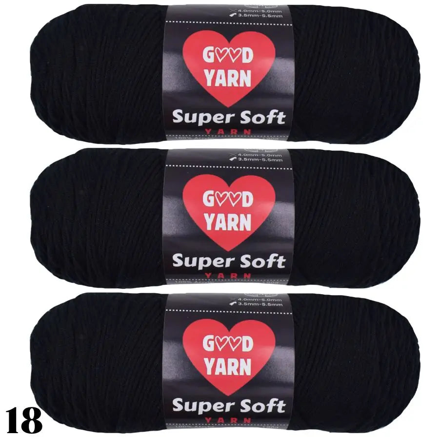 Three skeins of black Super Soft yarn labeled GVD YARN are shown against a white background.