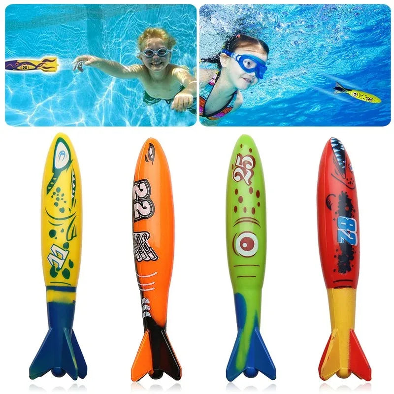 A set of colorful shark rocket pool diving toys for kids featuring various designs and colors.