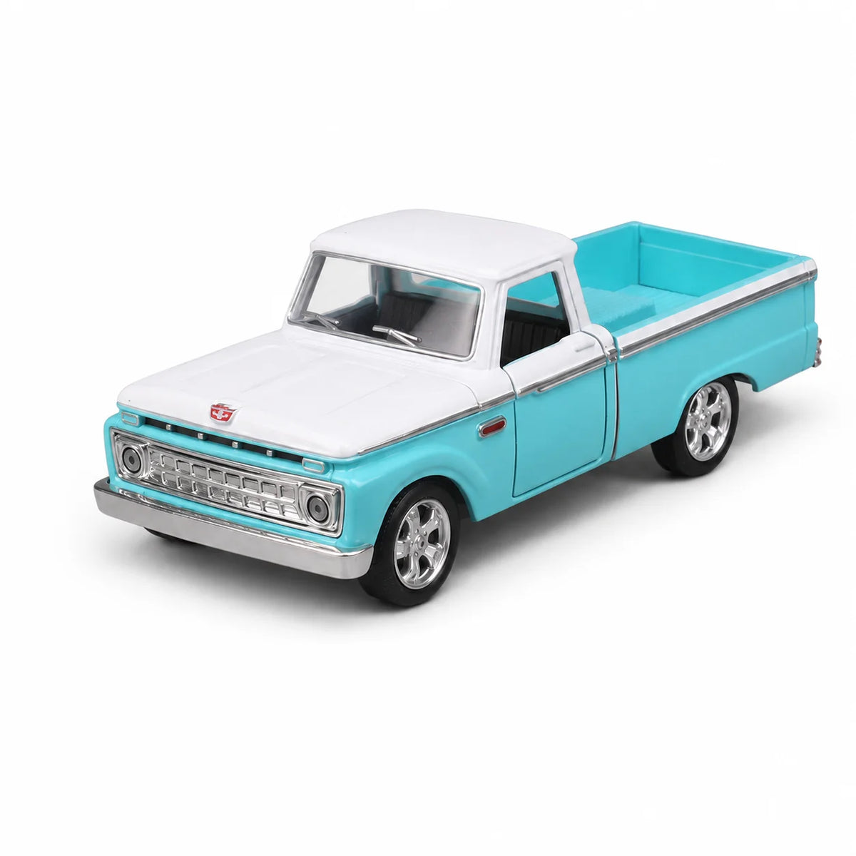 A light blue Ford F-100 pickup truck diecast model with a white cab and bed, shown in a side profile.