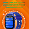 A blue smart watch displaying language options, surrounded by text promoting support for multiple languages.