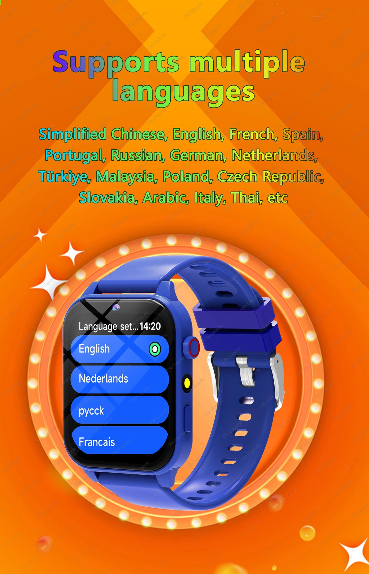A blue smart watch displaying language options, surrounded by text promoting support for multiple languages.