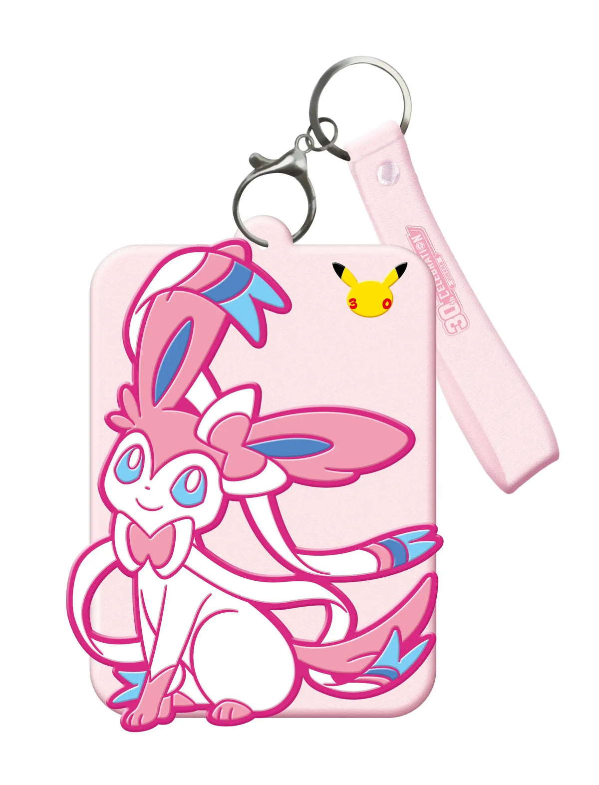 A pink display card set featuring Greninja and Sylveon characters on a keychain.