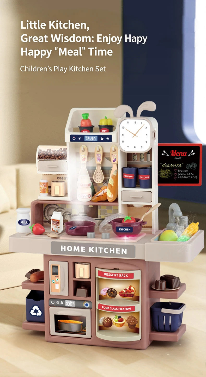 A children's play kitchen set featuring a home kitchen area with various food items and cooking tools.