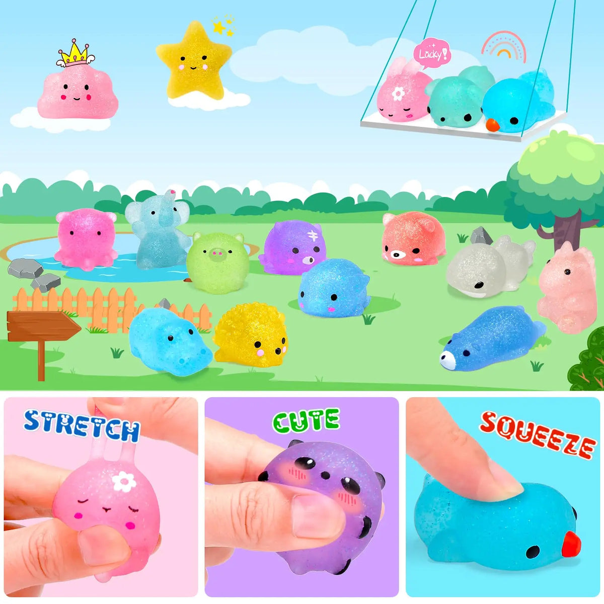 Various soft squishy toys in pink, blue, and yellow colors shown being stretched and squeezed.