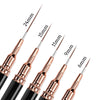 A set of five ultra-fine nail art liner brushes with varying tip sizes ranging from 6mm to 24mm.