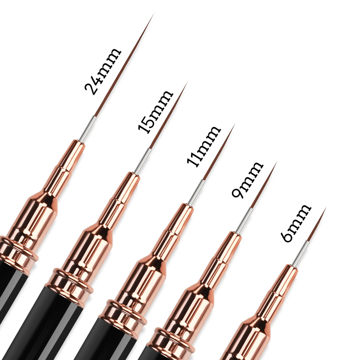 A set of five ultra-fine nail art liner brushes with varying tip sizes ranging from 6mm to 24mm.