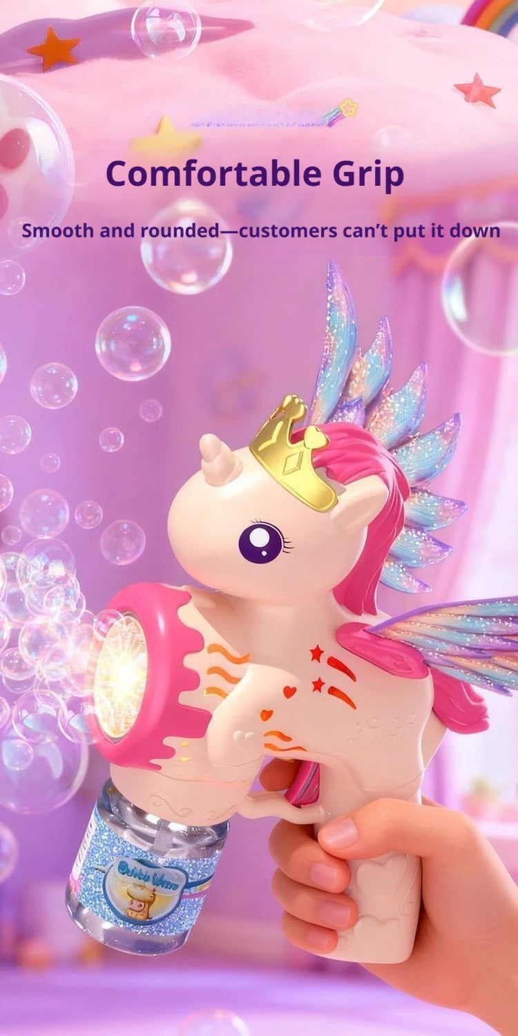 A hand holds a pink unicorn toy gun that shoots colorful lights and bubbles against a purple background.
