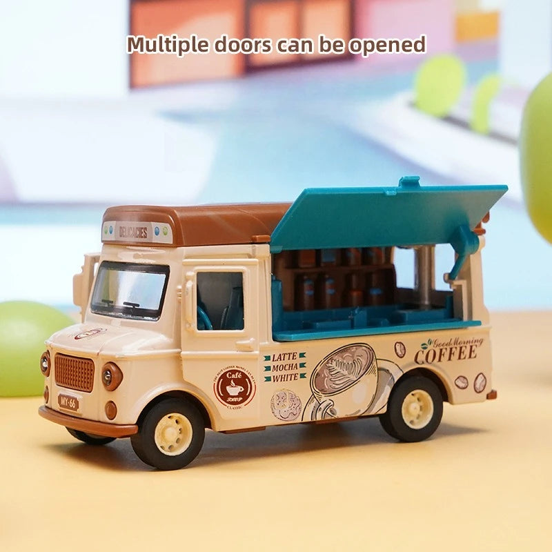 A light beige toy burger car with a green roof and multiple doors, designed for play.