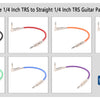 Set of four 1/4 inch TRS guitar patch cables with right angle and straight connectors in various colors