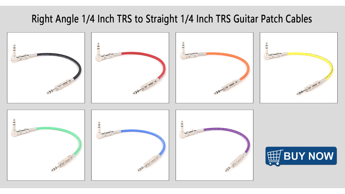 Set of four 1/4 inch TRS guitar patch cables with right angle and straight connectors in various colors