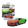A bright green pull-back racing car with an orange front, shown next to its packaging.