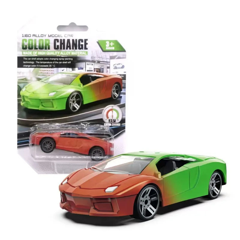 A bright green pull-back racing car with an orange front, shown next to its packaging.