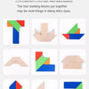 A set of wooden tangram puzzle pieces forming geometric shapes like a letter T and other figures.