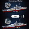 A model kit of the German battleship Bismarck and Tirpitz, featuring a 2-in-1 construction set.
