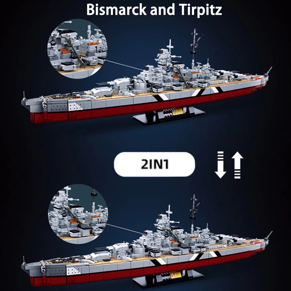 A model kit of the German battleship Bismarck and Tirpitz, featuring a 2-in-1 construction set.