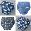 A pack of reusable cotton potty training pants for toddlers in various blue and navy patterns.
