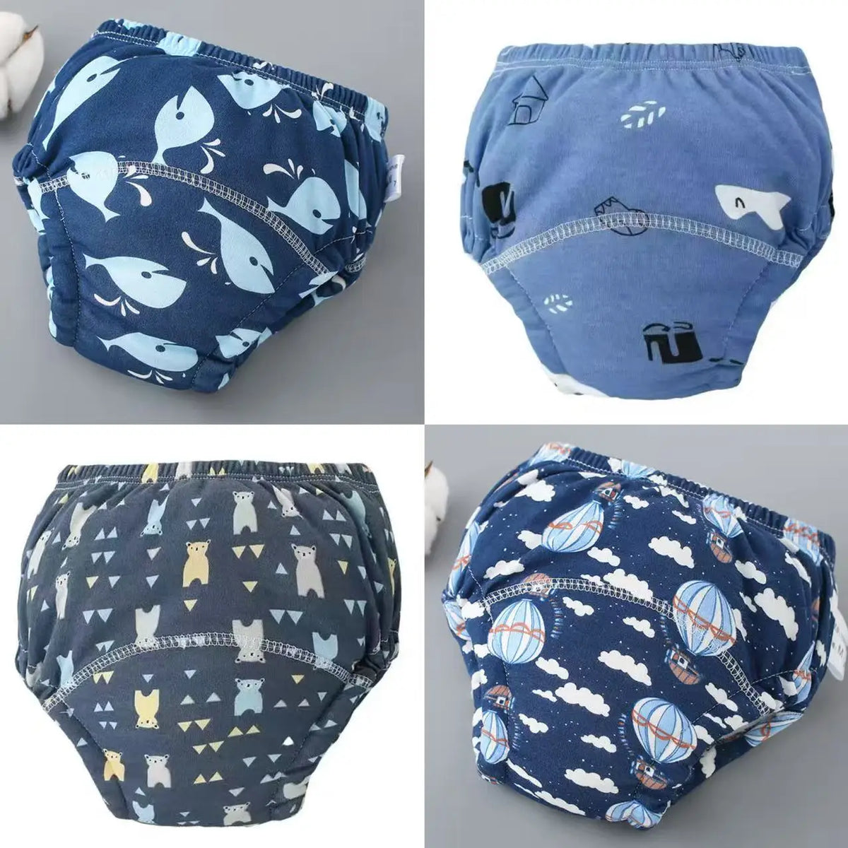 A pack of reusable cotton potty training pants for toddlers in various blue and navy patterns.