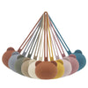 A collection of silicone panda-themed pacifier storage bags hanging in a fan shape.
