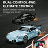 A hand holds a light blue RC sports car, demonstrating dual-control 4WD capability.