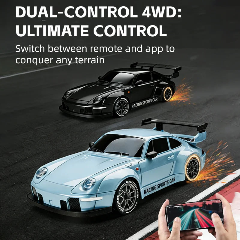 A hand holds a light blue RC sports car, demonstrating dual-control 4WD capability.