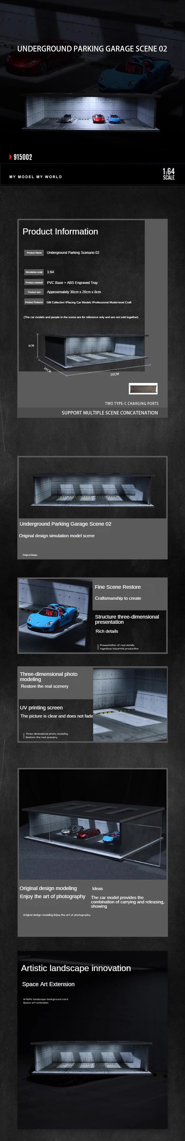 A 1:64 scale LED light-up underground parking garage diorama featuring a car display.