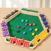 A wooden shut the box dice game with green felt board and various colored wooden dice arranged in compartments.