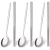 A set of six stainless steel Korean dinnerware pieces including spoons and chopsticks.