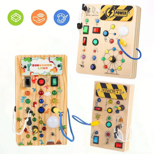 A wooden busy board for toddlers featuring various buttons, levers, and LED lights.