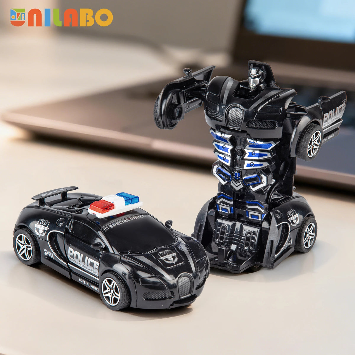 A black transformable robot sports car toy and its corresponding robot figure are displayed on a light surface.