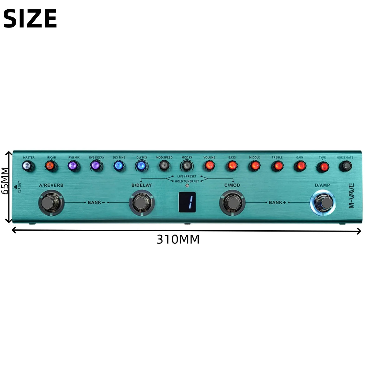 A close-up view of the front panel of a teal guitar multi-effects processor showing various controls and indicators.