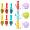 A set of six soft foam bowling pins featuring numbers and animal designs in various colors like red, pink, blue, and yellow.