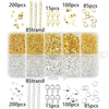 A complete jewelry making supplies kit showing various strands of gold and silver beads, findings, and tools organized in a c
