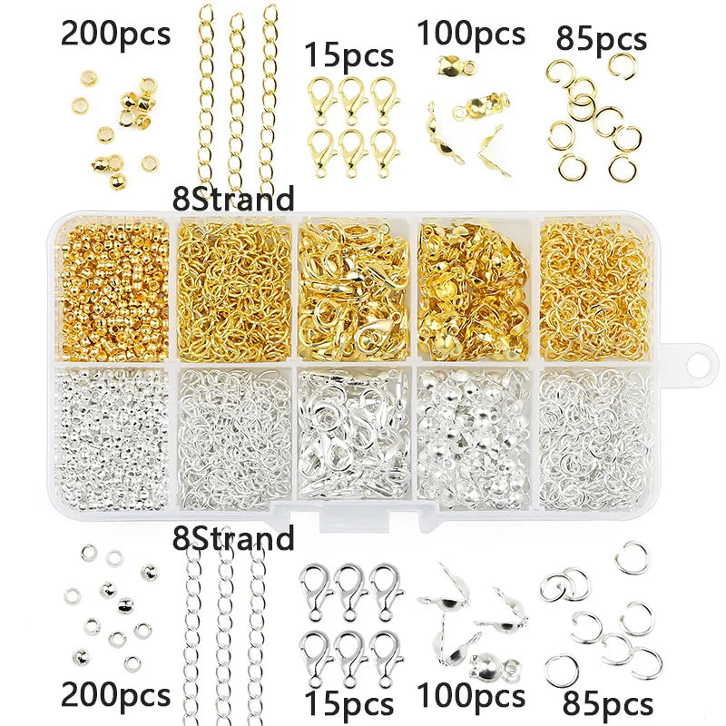 A complete jewelry making supplies kit showing various strands of gold and silver beads, findings, and tools organized in a c