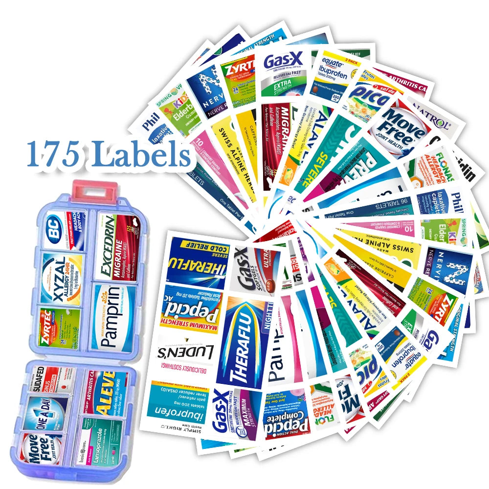 Portable 10-Compartment Pill Organizer with 175 Labels