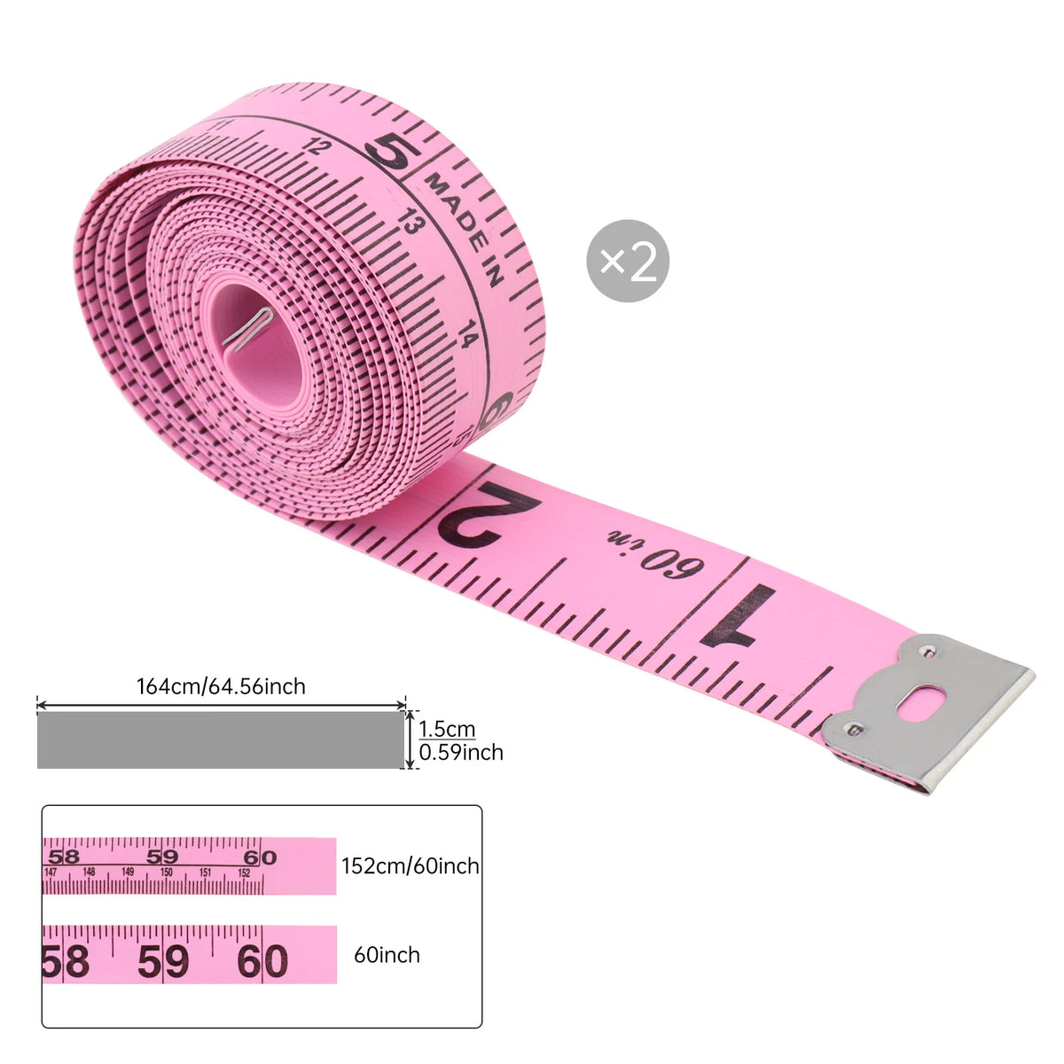 Pink soft tape measure set for sewing and body measurements, 2 pack, 152 cm long.