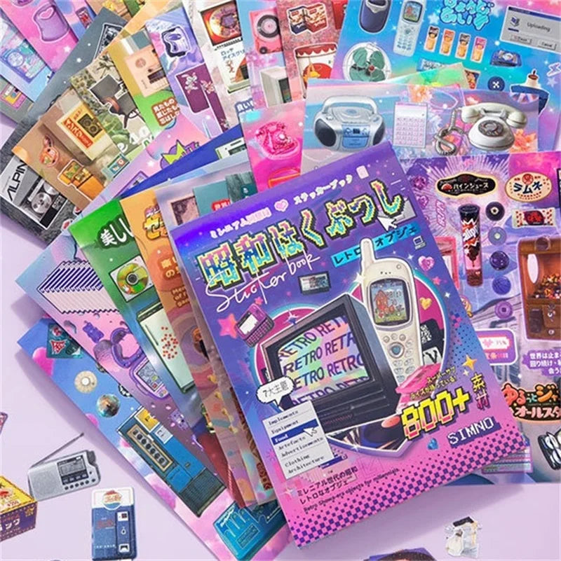 A collection of die-cut sticker books and diary sets featuring retro and cute themes in various colors