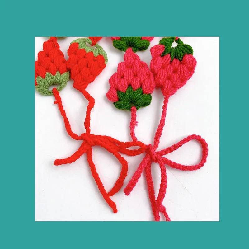 Red and green strawberry crochet headband with wide elastic band