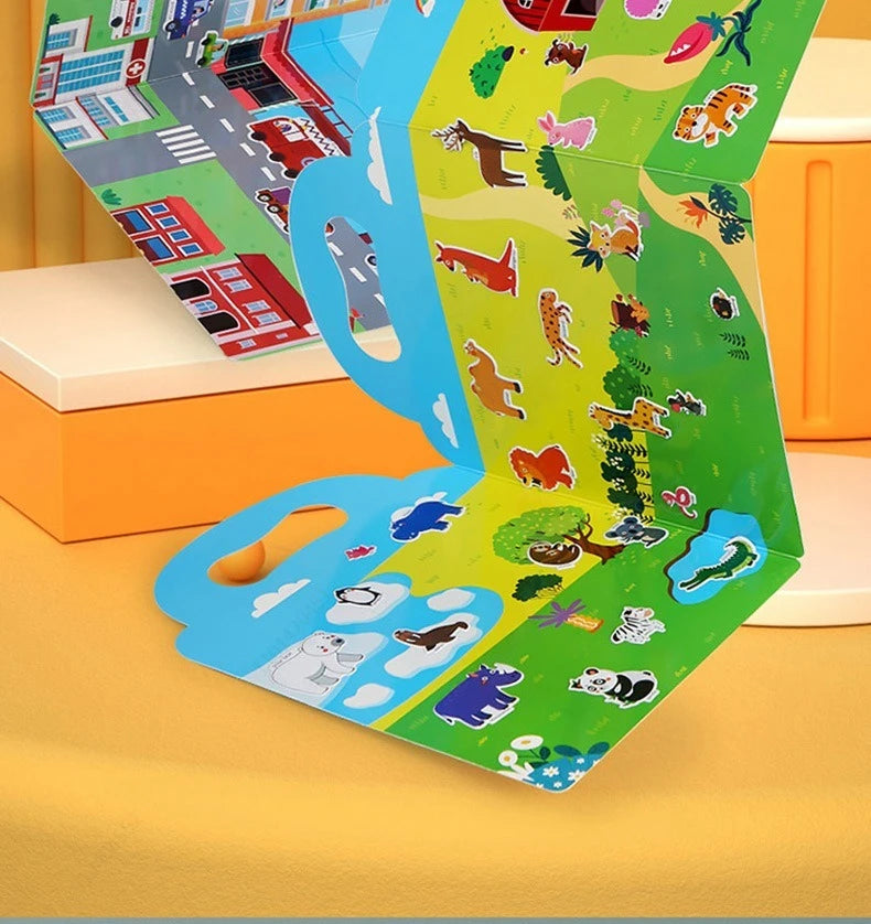 A colorful reusable vehicle sticker book for toddlers featuring various animals and vehicles.