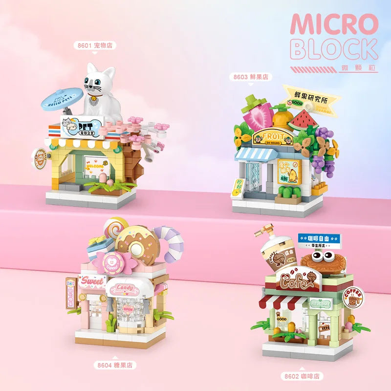 A set of mini city shop building blocks featuring various themed shops like a cat cafe, a fruit shop, and a candy store.