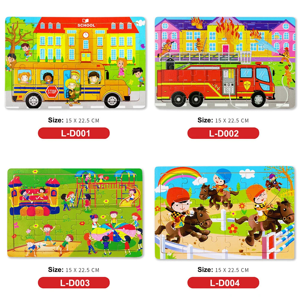 A set of wooden animal and vehicle tangram puzzles for kids featuring various colorful vehicles and animals.
