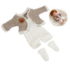 A beige knitted romper outfit for a reborn doll, complete with matching knitted booties.
