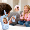 Two children are shown using pink and blue video walkie-talkies with 2.0-inch screens in a living room setting.